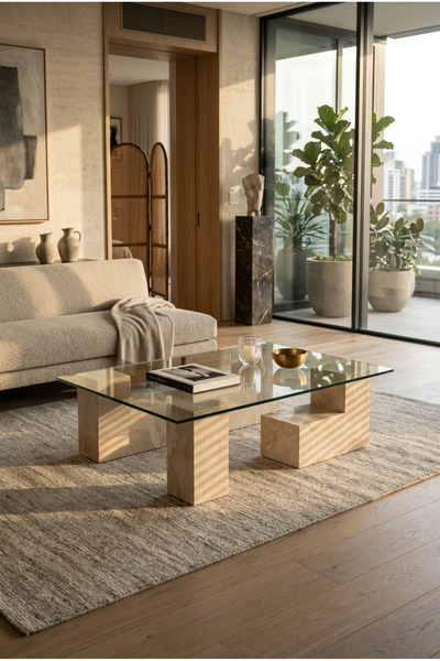 MIARIK DESIGN Labirent-Mermer Küp Camlı Orta Sehpa