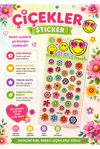 Pembe Pasaj Çiçek Sticker - Papatya Sticker - Çocuklar İçin Kabartmalı Sticke...
