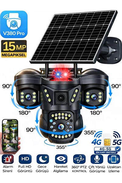 SONREİR SNR 4G 3 Lensli SIM Kartlı 360° PTZ Solar Güvenlik Kamerası Güneş Pan...