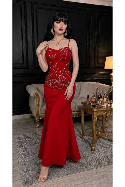 Bamah Red Evening Gown with High-End Hand-Beaded Embroidery