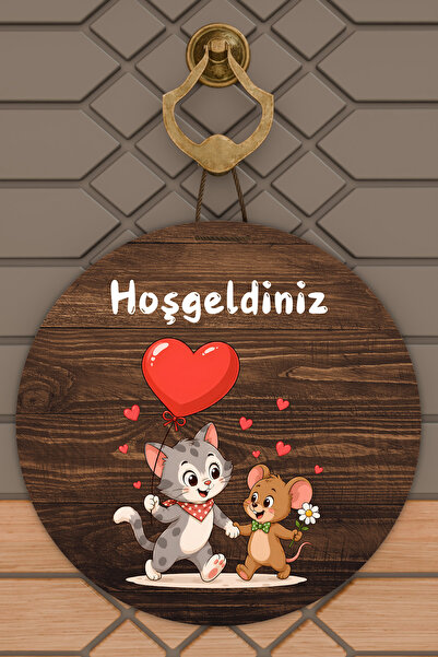Dormot Dijital Baskı Ahşap, Standart, Kalpli Tom ve Jery Temalı, Kapı süsü, D...