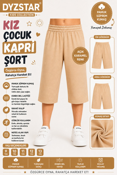 DYZSTAR Devojčice, lagane karamel pamučne jednostruke džerzi kapri šortseve s...