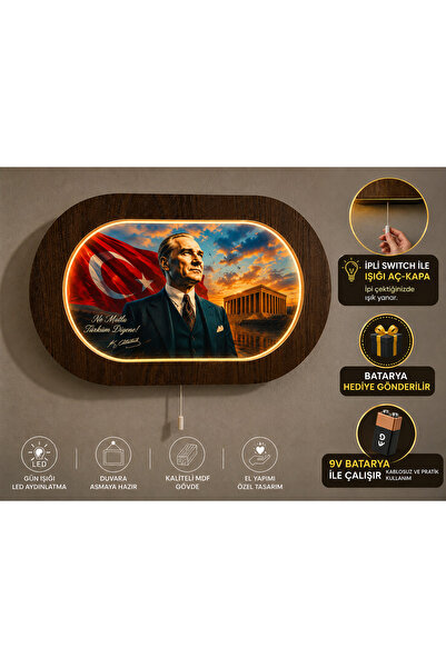 OsalionDesignn Atatürk Türk Bayraklı LED Işıklı Duvar Tablosu – Ahşap MDF Dekor