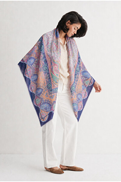 Silk and Cashmere Mor Jas İpekli Baskılı Pareo Kare Şal 180x180 cm