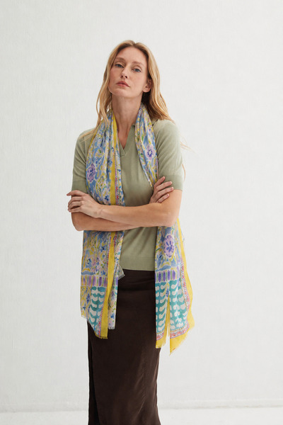 Silk and Cashmere Lacivert Jas İpekli Baskılı Pareo Şal 70x180 cm