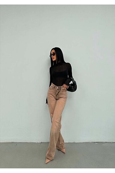 HerTon Pantaloni de damă din denim burgundy cu talie înaltă și picior larg