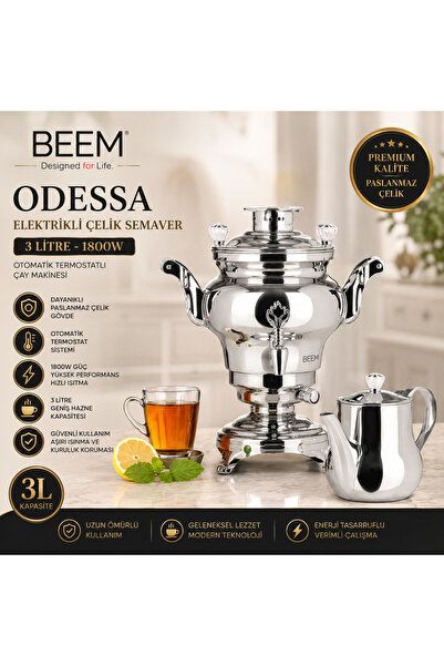 BEEM Odessa 3 Litre Elektrikli Çelik Semaver - 1800W Otomatik Termostatlı Çay...