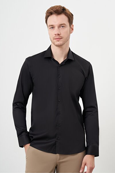 Morven Men's Black Cotton Plain Pattern Italian Lapel Slim Fit Shirt