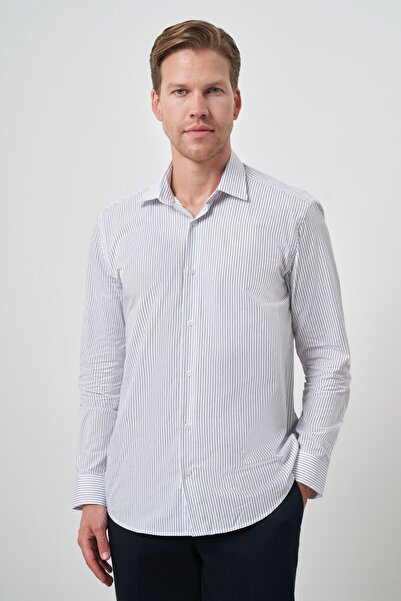 Morven Cămașă pentru bărbați din bumbac alb, slim fit, cu guler dur