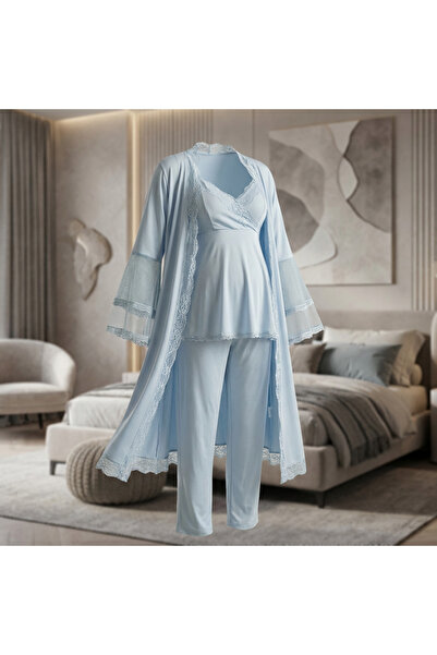 Lady Lingerie طقم بيجامة للحوامل من 3 قطع مع روب دانتيل - قميص رضاعة وبنطلون ...