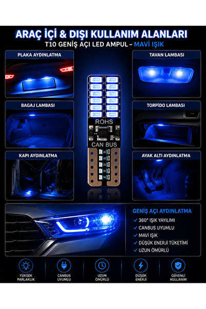 Bigohobi Oto 24LED Ampul 2'li Set, T10 Model 12V Mavi Işık, Fren, Park, Sinya...