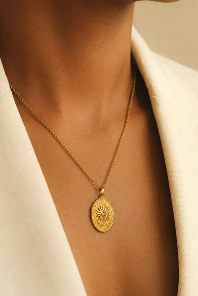 FIERA JEWELRY Oval Güneş Motif Altın Kaplama Gold Kadın Çelik Kolye