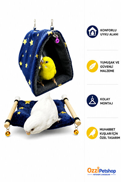 ozzipetshop Muhabbet Kuşu Uyku Seti Peluş Kuş Çadırı Salıncak Yatak 2'li