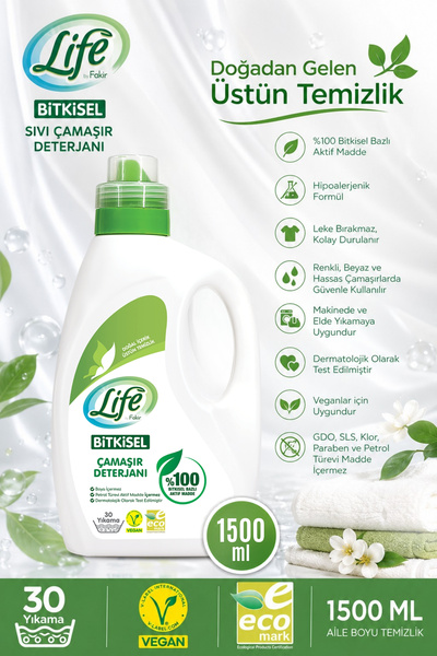 Life by Fakir Bitkisel Sıvı Çamaşır Deterjanı 1500ml-Biyoenzim Teknolojisi, R...