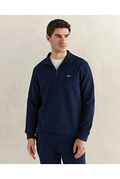 Gant Erkek Lacivert Relaxed Fit Yarım Fermuarlı Logolu Sweatshirt