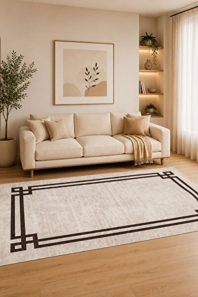 Serente Home Bordür Desenli Yıkanabilir Kaymaz Taban Şönil Krem Antrasit Salo...