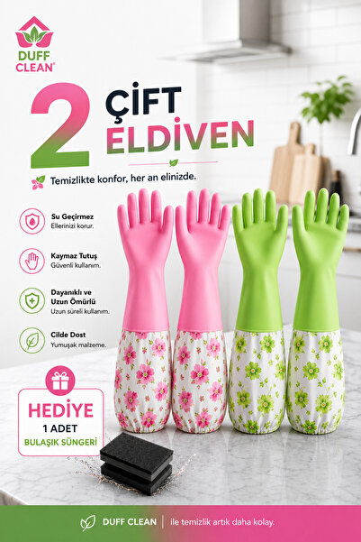 DUFF CLEAN L BEDEN 2 Çift Uzun Kollu Bulaşık Eldiveni + Sünger Hediyeli