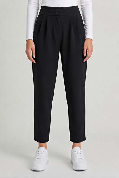 MODASPARK Pantaloni de damă negri, cu talie înaltă, cu buzunare duble cu nast...