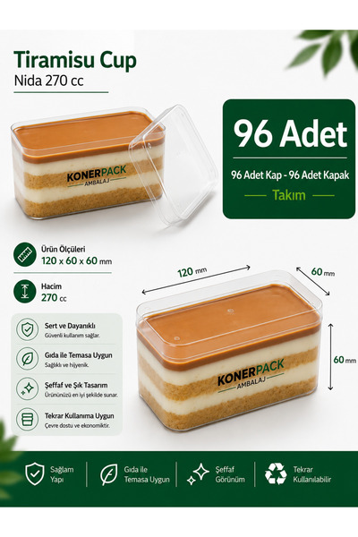 KONERPACK Tiramisu Cup Nida 270 cc 96 Adet Kapaklı Dikdörtgen Sert Plastik Şe...