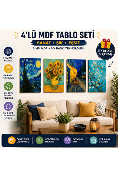 kids town Van Gogh Temalı 4'lü MDF Tablo Seti 15x20 cm | Dekoratif Duvar Tabl...