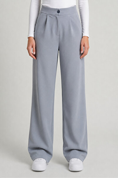MODASPARK Gray High Waist Pocketed Buttoned Lycra Women's Palazzo Trousers