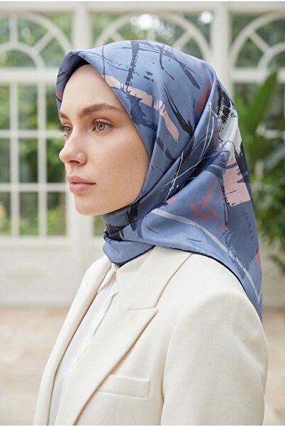 Vissona 100% Twill Silk Geometric Pattern Indigo - Dusty Rose Colored 90x90 Σ...