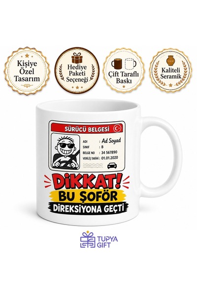 Tupya Gift İsme Özel Ehliyet Temalı Komik Kupa Bardak Hediye Özel Tasarım Bas...