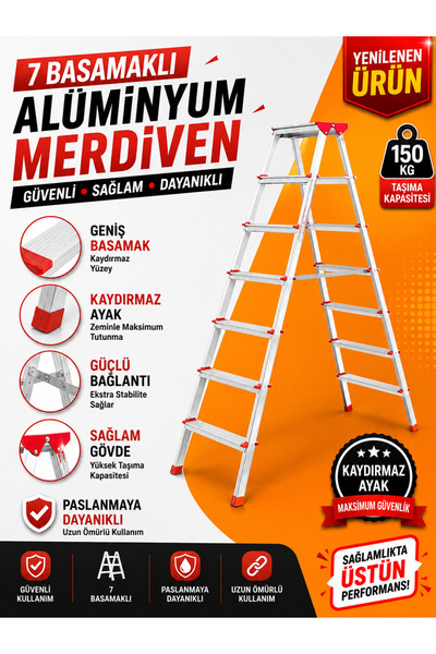 Genel Markalar Alüminyum Çift Çıkışlı Merdiven 7 Basamak | Kaymaz Ayaklı | Ev...