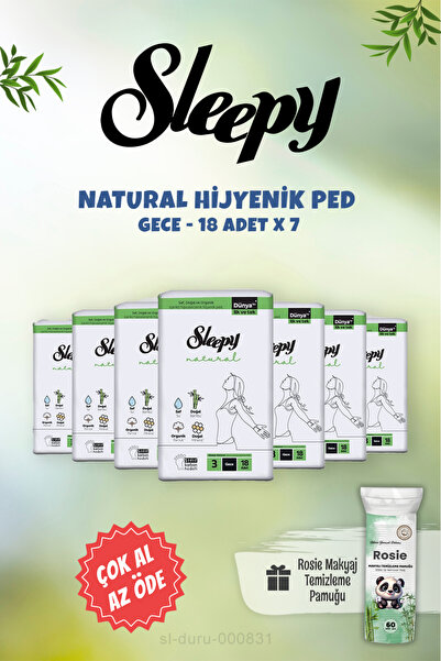 Sleepy 7 عبوات، اشترِ الكثير وادفع أقل، فوط صحية ليلية طبيعية، 18 قطعة، وقطن