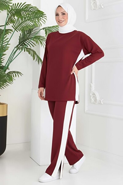 TOFİSA Paneled Slit Modal Double Suit Claret Red - 28012-Bordo