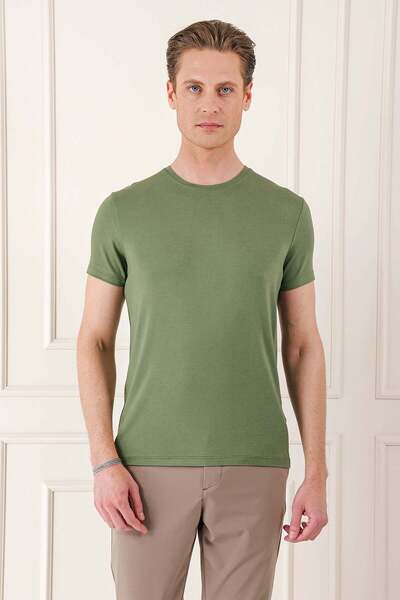 Efor Erkek Slim Fit Bisiklet Yaka Pamuklu Haki Yeşil T-shirt Ts 823