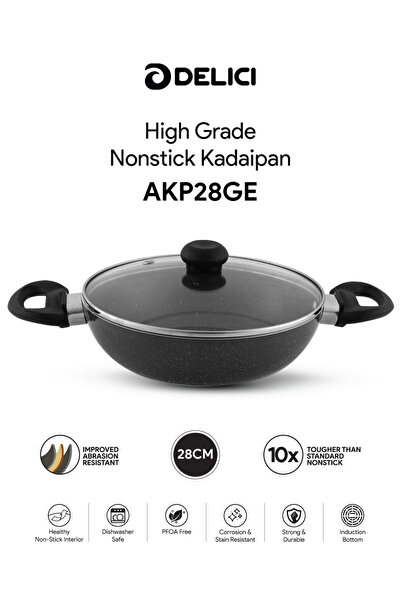 DELICI AKP28GE 28CM Granite Non-Stick Kadai Pan Glass Lid PFOA-Free Aluminium...