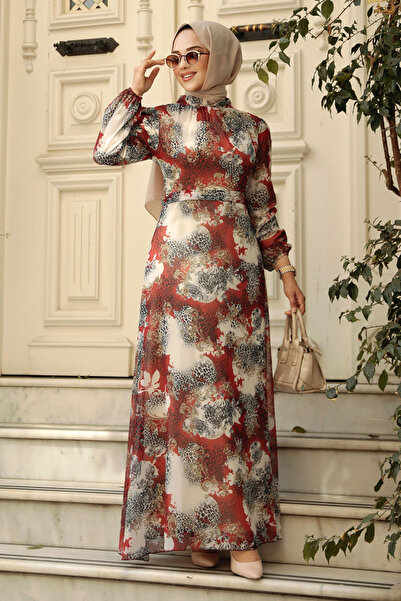 Neva Style Çiçek Desenli Kiremit Tesettür Elbise 27944KRMT