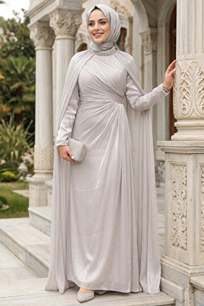 N.S NEVA STYLE - فستان سهرة بيج محتشم مع عباءة 54391BEJ