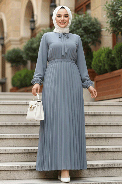Neva Style فستان حجاب رمادي برباط على الياقة 50351GR
