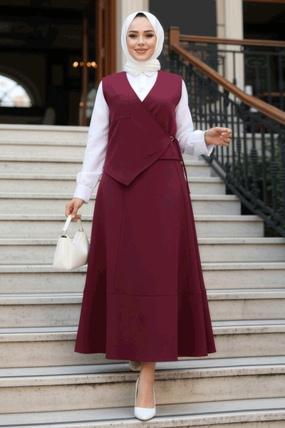 N.S NEVA STYLE Bordo Tesettür Etekli İkili Takım 75471BR