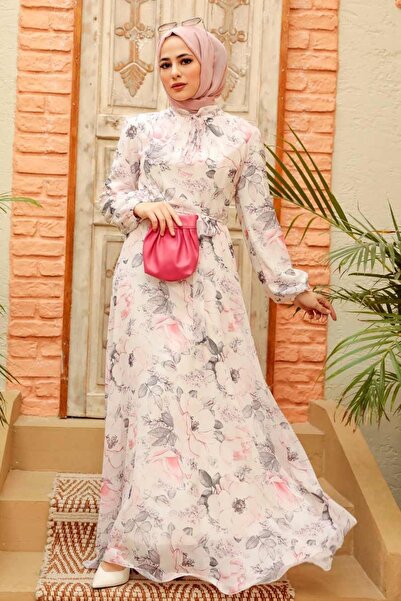 Neva Style Rochie Hijab Ecru cu Motive Florale 279019E