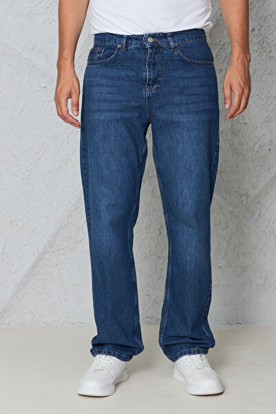 blayn jeans Men's Dark Powder Blue Baggy Jeans - Loose Fit Casual Comfortable...