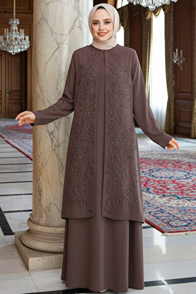 Neva Style Boncuk İşlemeli Koyu Vizon Tesettür Abaya 29121KV