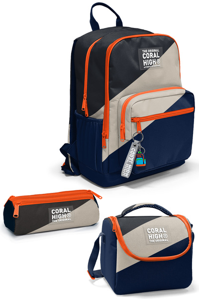 Coral High Navy Blue Dark Gray Beige Colored 3-Piece School Bag Set Set0123693