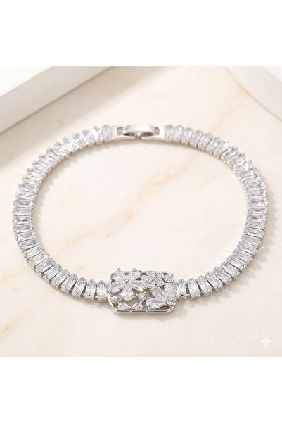 Siya Silver Women's Bracelet - Rectangular Multiple Flowers Waterway Baguette...