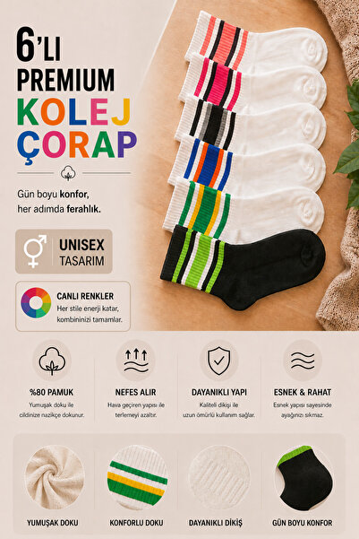 Esinti 6 Pairs of Patterned Colorful Socks Colorful Unisex College Socks 6 Pi...