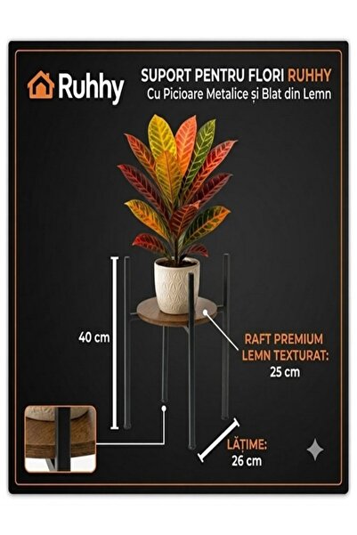Ruhhy Suport pentru flori, Ruhhy, Picioare metalice si blat din lemn, 40 x 26...