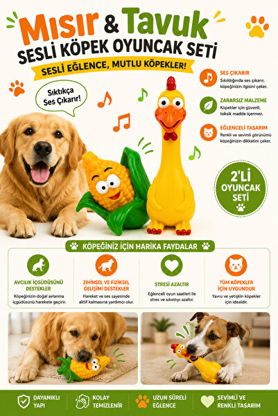 Petshop Sesli Gülen Mısır Oyuncağı + Sesli Sarı Ördek Köpek Oyuncağı 2’li Day...