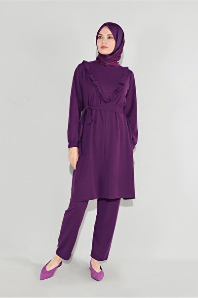 TRENDTESETTÜR KADIN MOR FIRFIRLI KUŞAKLI PANTOLON TAKIM 0136