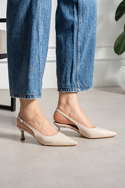 Mio Styllo Grase Beige Matte Back Open Buckle Detail Pointed Toe Women's Shoes
