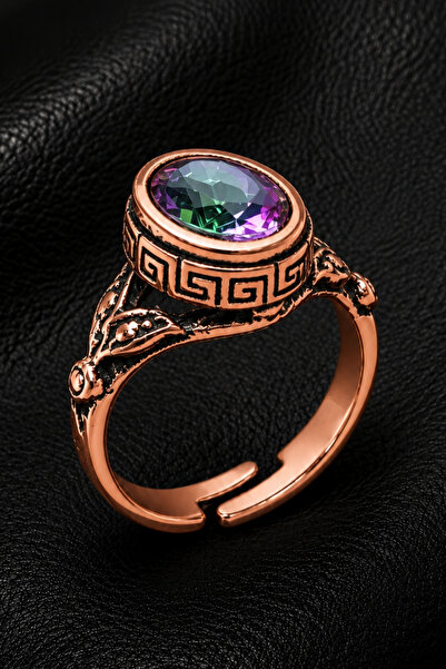 OSMANLI GÜMÜŞ Women's Copper Ring Mystic Topaz Natural Stone Oval Model Coppe...