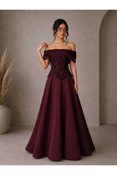 Kurtah Luxury Embroidered 3D Rose Flower Maxi Skirt Evening Dress Wine Red Ev...