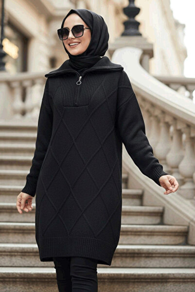N.S NEVA STYLE Crni hijab pleteni džemper tunika sa dijamantnim detaljima 83961S