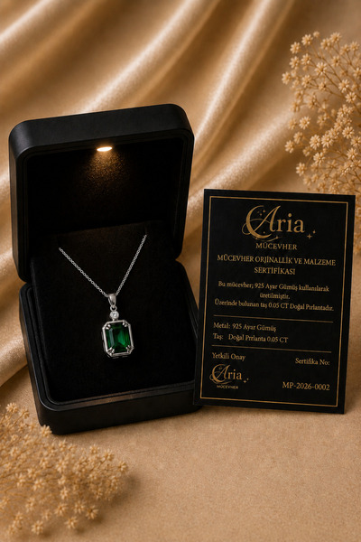 eva'sjewellery diamond Doğal Pırlantalı 925 Gerçek Gümüş Zümrüt Kolye, Kadınl...